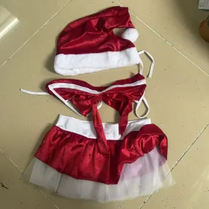Sexy Santa costume set, includes hat, top and skirt for cosplay and holiday parties.