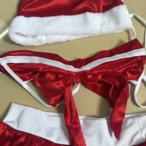 Sexy Christmas lingerie set, plush trim Santa costume, holiday cosplay outfit detail.