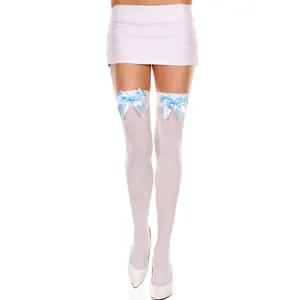 Women sexy white thigh high stockings with light blue satin bows over knee hosiery