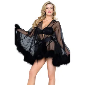 Black sheer mesh long nightgown with feather trim sexy lingerie sleepwear for women