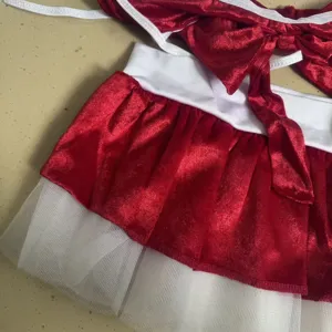 Red and white velvet Christmas costume cosplay outfit featuring layered mesh skirt and bow top.