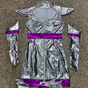 Silver metallic sci-fi cosplay costume set featuring dress, sleeves and accessories for party.