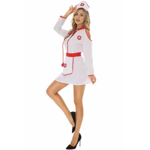 Costume da infermiera sexy da donna per festa vista dettagliata con vestito e cappello.
