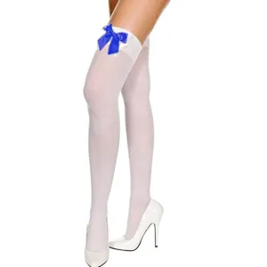 Thigh high stockings detail showing sheer white fabric and blue bow decoration close up.