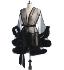 Black sheer mesh long nightgown with feather trim cuffs and satin belt for women sexy sleepwear
