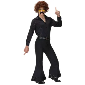 Déguisement disco année 80 pour homme, chemise noire à paillettes et pantalon patte d'éph.