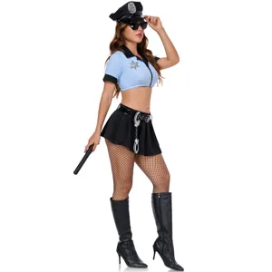 Set costume da poliziotto sexy da donna, include top corto, gonna, cappello e accessori.
