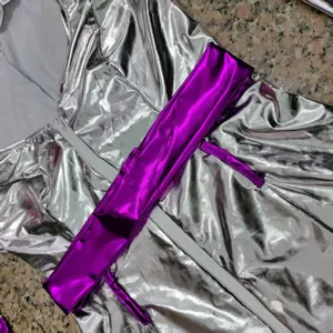 Silver metallic cosmic bodysuit with vibrant purple belt, ideal sci-fi cosplay costume.