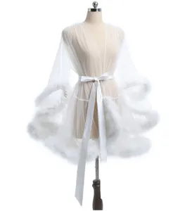 Close-up detail of white sheer mesh robe featuring fluffy faux fur trim and satin belt.