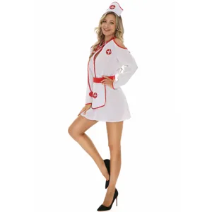 Vista dettagliata del costume da infermiera sexy con abito bianco, finiture rosse e cuffia.