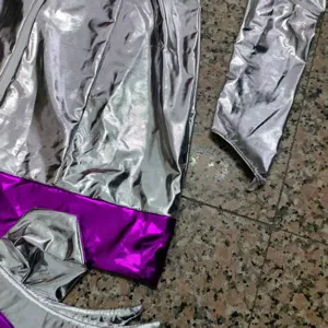 Silver purple metallic cosplay costume top set, shiny futuristic sci-fi party outfit.