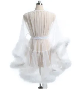 White sheer mesh long robe with fluffy feather trim, sexy lingerie sleepwear nightgown for women.