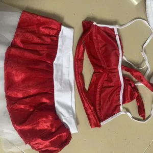 Sexy Christmas costume set for women, red velvet halter bra and white mesh mini skirt.