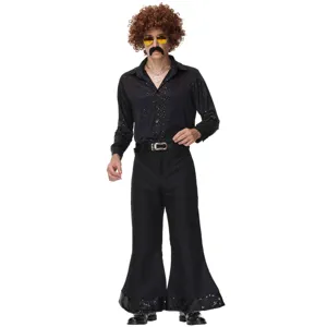 Détail de costume disco rétro avec chemise à paillettes noire et pantalon patte.