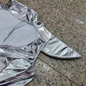 Metallic silver sci-fi cosplay costume detail, futuristic robot spacesuit for party events