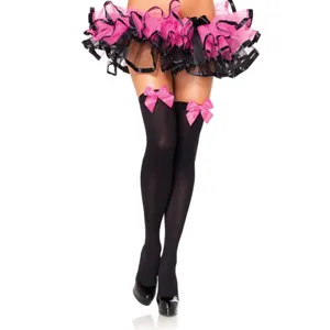 Sexy women thigh high stockings with pink bows black sheer hosiery for party costume detail view.