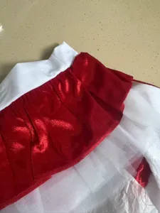 Detailed view of red velvet and white mesh Christmas costume skirt, sexy holiday party apparel.