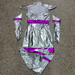 Silver metallic space costume set with purple accents, ideal for sci-fi theme party.