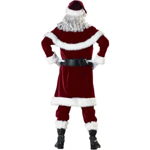 Thickened Santa Claus costume set for men, featuring red velvet jacket, trousers, hat, and belt.