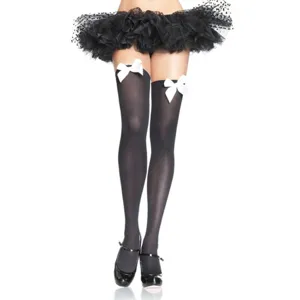Sexy sheer black over-the-knee thigh-high stockings featuring elegant white bow detail close up