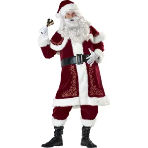 Premium plush Santa Claus costume for men, plus size heavy velvet suit with gold print.
