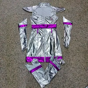 Detailed view of metallic silver and purple cosplay costume set, featuring shiny fabric layout.