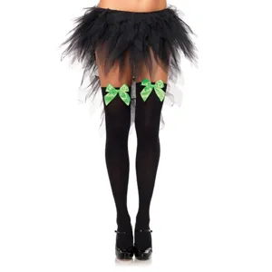 Black thigh-high stockings with cute green bows, sheer sheer fabric and fluffy tutu skirt detail.