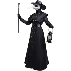 Detail view of the medieval steampunk plague doctor costume set with black robe and bird mask.