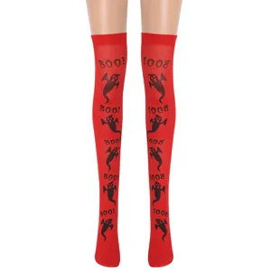 Damen Halloween Geist Boo Muster Rot Über Dem Knie Hohe Strümpfe Nylon 100D Festival Party Kostüm Zubehör