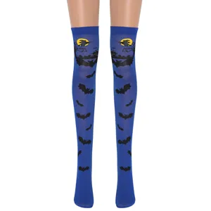 Calze Autoreggenti da Donna Blu Halloween Pipistrello Strega Motivo Gotico Scuro Calze Alte in Nylon Accessorio Costume Festa