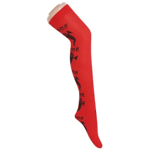 Rote Halloween Overknee-Socken mit gruseligen Geist-Mustern und BOO-Schriftzug für Partys.