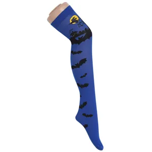 Calze sopra il ginocchio Halloween blu con stampa di pipistrello e castello donna.