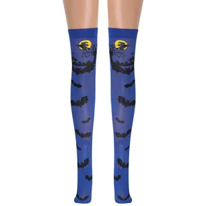 Calze lunghe da Halloween blu con stampa di pipistrelli e luna, perfette per look festivi.