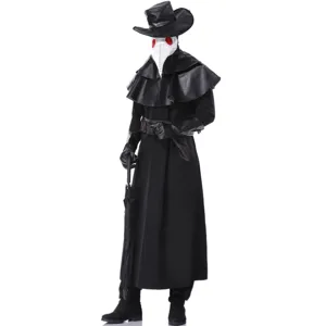 Steampunk pestdokter kostuum voor heren met vogelmasker, hoed en lange zwarte jas voor feest.