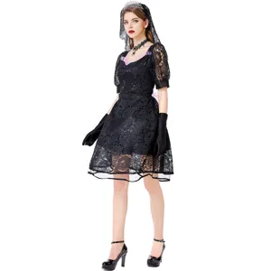 Costume di Halloween da sposa in pizzo nero gotico vestito cosplay fantasma con velo e guanti