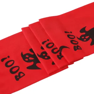 Rote Halloween Overknee Strümpfe mit gruseligen Geist Motiven und festlichen BOO Textmustern.