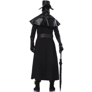 Heren gotisch pestdokter kostuum achteraanzicht, perfect voor Halloween cosplay en feestjes.