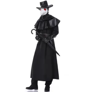 Gedetailleerd overzicht van zwart pestdokter kostuum outfit voor heren halloween feestje.
