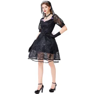 Abito da costume da sposa fantasma di Halloween gotico con pizzo nero e guanti abbinati.