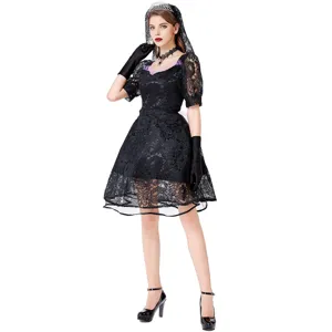 Abito costume da sposa fantasma in pizzo nero per festa di Halloween cosplay dettagli