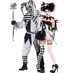 Black and white jester costume set for men and women, perfect for Halloween and stage cosplay.