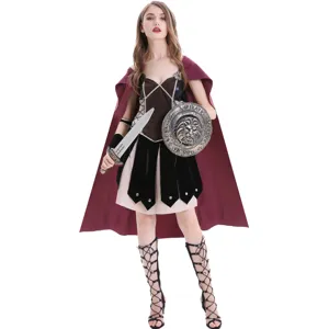 Detailed view of medieval Roman Spartan warrior cosplay costume dress for women Halloween party.
