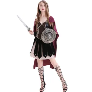 Medieval Roman Spartan female warrior cosplay costume, detailed view of Greek goddess dress.