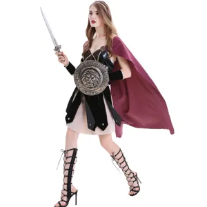 Spartan female warrior cosplay costume, medieval Greek goddess Halloween dress with props.