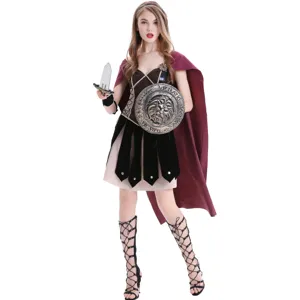 Medieval Roman Spartan female warrior cosplay Greek goddess costume detail presentation.