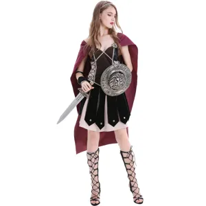 Medieval Roman Spartan female warrior cosplay costume detail featuring dress, cape and props.