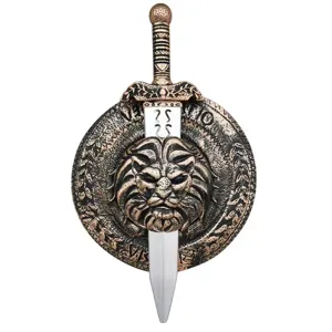 Mittelalterliche Spartaner Krieger Kostüm dekoratives Schwert und Schild mit Löwenkopf.