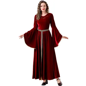 Detailed view of the elegant medieval vintage red velvet dress with long sleeves and trim.