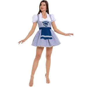 Bavarian dirndl dress detail, blue white checkered pattern, puff sleeves, and apron trim.