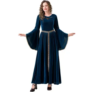 Medieval renaissance queen velvet long sleeve dress cosplay costume detail view for women